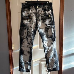 MAKOBI-36X 32-black&gray-distressed, 9 pockets, biker, straight leg, cargo jeans